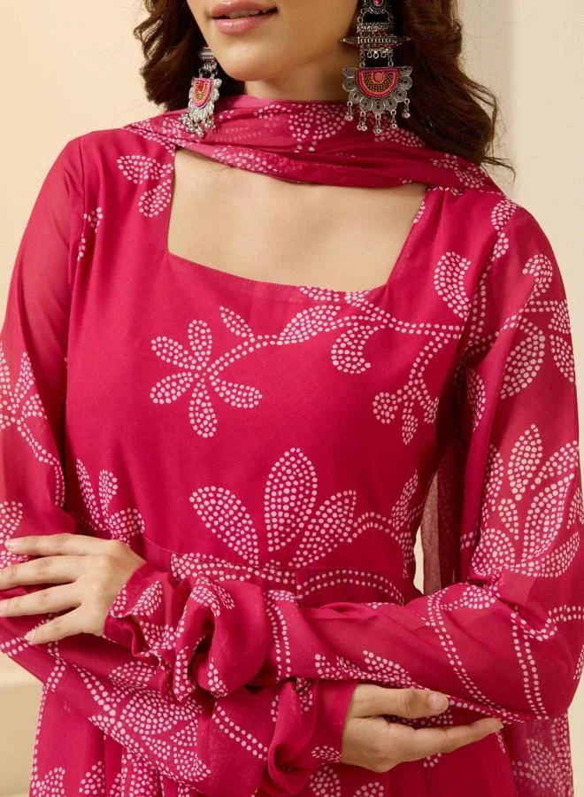 ISHIN Women'S Pink 100% Polyester Embroidered Tunic Full Length Palazzo Straight Fit Kurta Set